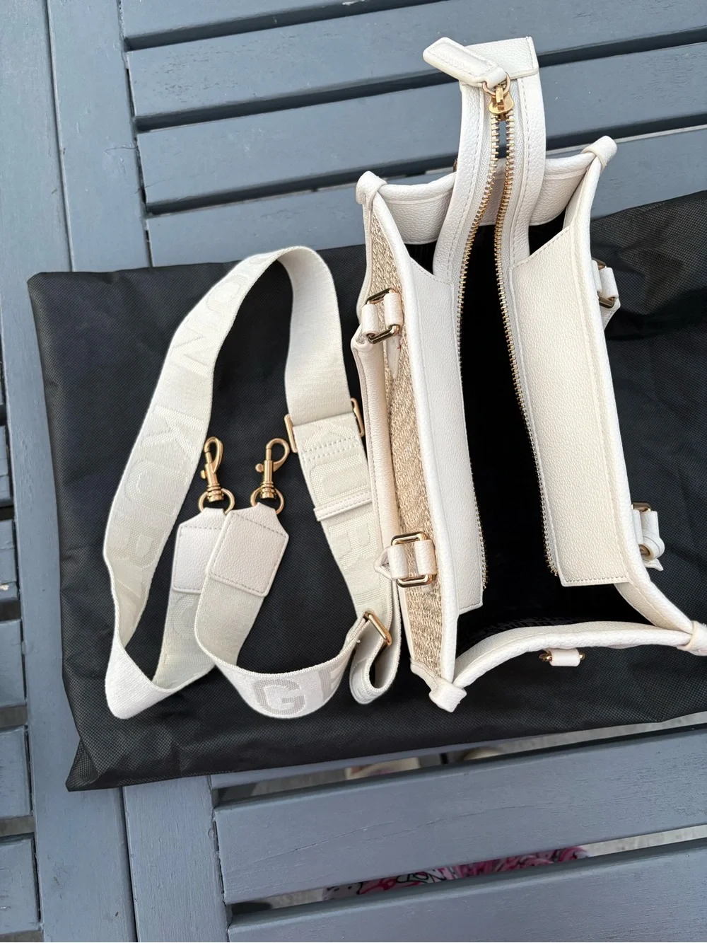 Kurt Geiger Cream and Gold Raffia Satchel